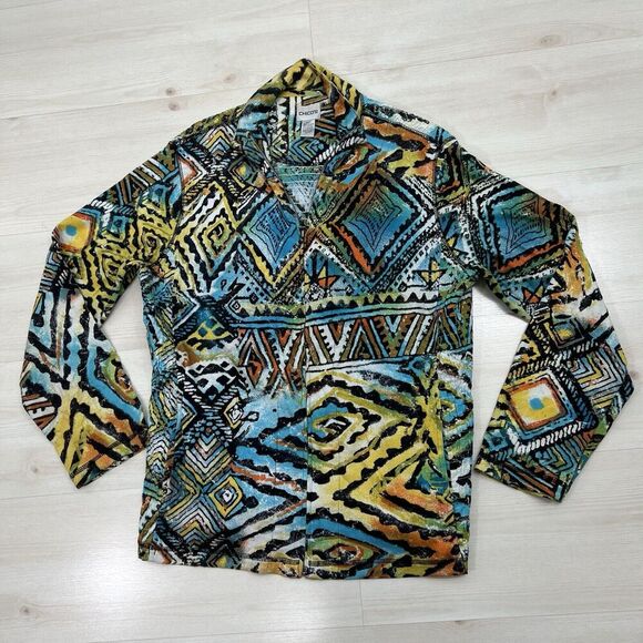 Chicos Full Zip Jacket Size 2 Large Tribal Art To Wear Long Sleeve Smocked Back - Picture 11 of 14